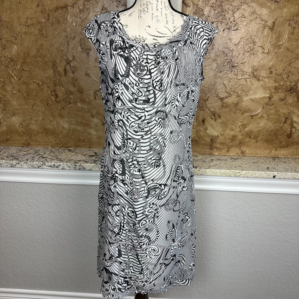 Vintage J. Peterman Dress Womens 12 Sheath Abstract Print Sleeveless Black White